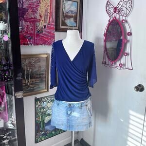 msk petite navy blue pearl beaded short sleeve blouse